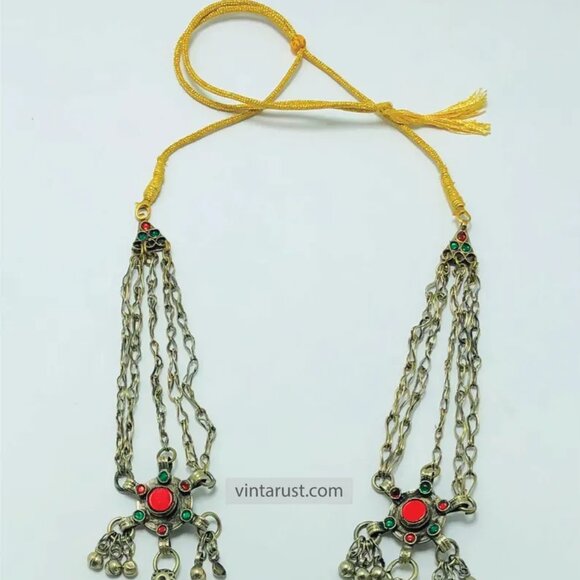 Ethnic Afghan Tribal Necklace, Handcrafted Afghan Necklace with Red and Green - Picture 7 of 11